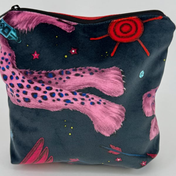 Handmade Emma Shipley velvet fully lined zip purse with pink leopard on black