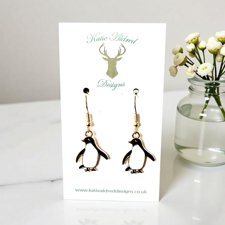 Charm Earrings - Enamel Penguin