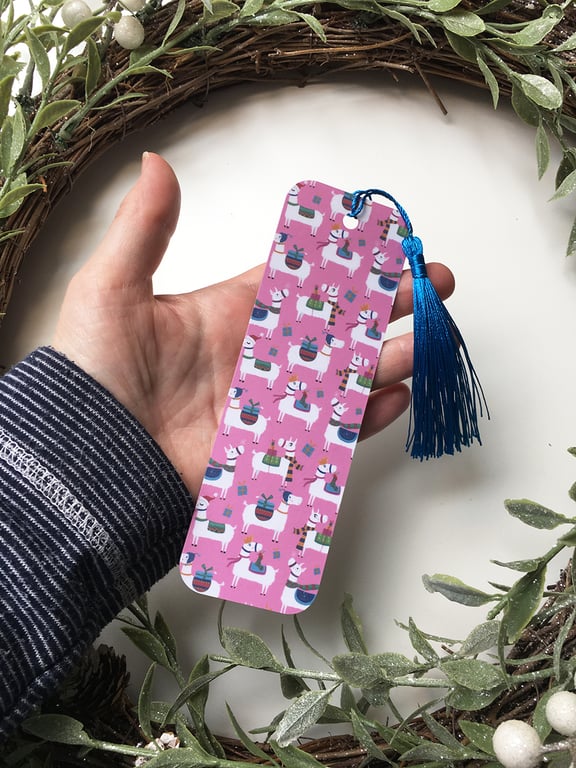 Christmas Bookmark Llamas on Pink with Coloured Tassel