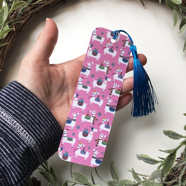 Christmas Bookmark Llamas on Pink with Coloured Tassel