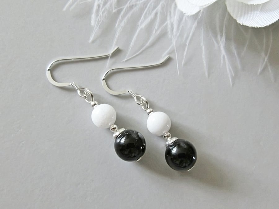 Black Onyx & White Agate Earrings With Sterling Silver