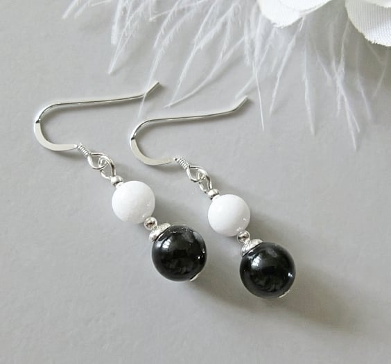 Black Onyx & White Agate Earrings With Sterling Silver