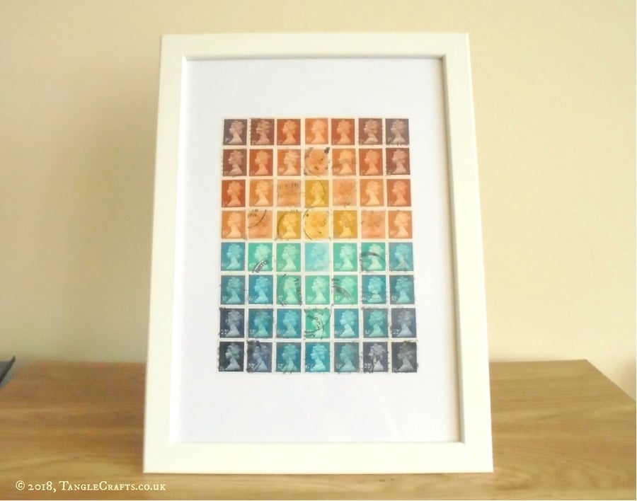 Sunset Postage Stamp Wall Art, Upcycled A4 Framed Collage Decor