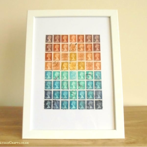 Sunset Postage Stamp Wall Art, Upcycled A4 Framed Collage Decor