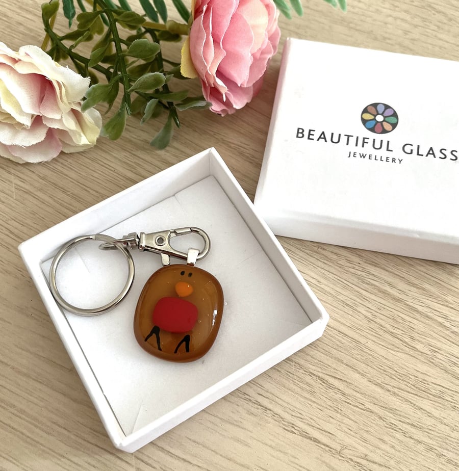 Robin keyring, bird lover gift, fused glass, gardener keepsake