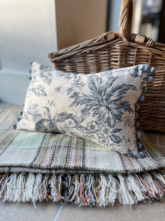 Repurposed vintage toile cushion cover with pompom trim