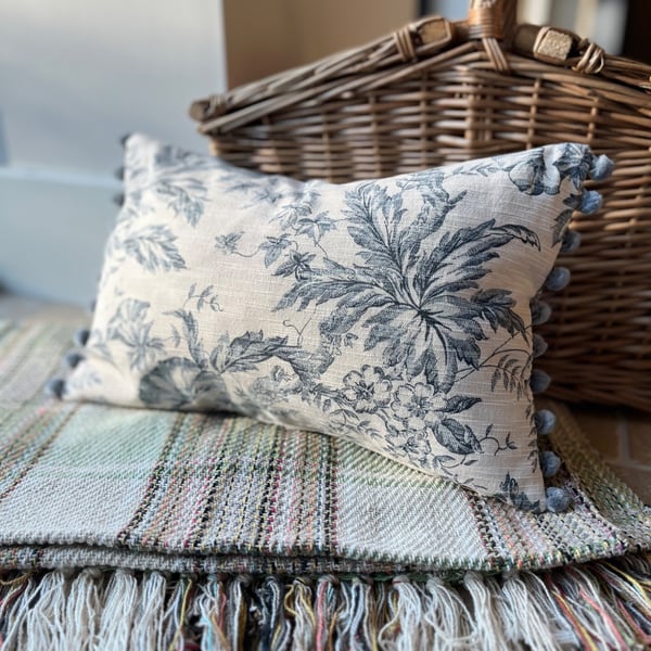 Repurposed vintage toile cushion cover with pompom trim