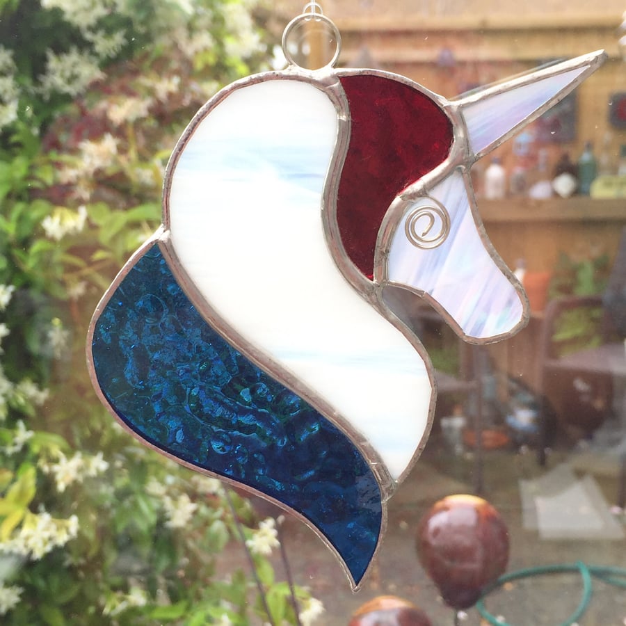 Stained Glass Unicorn Suncatcher - Handmade Decoration - Red White Blue