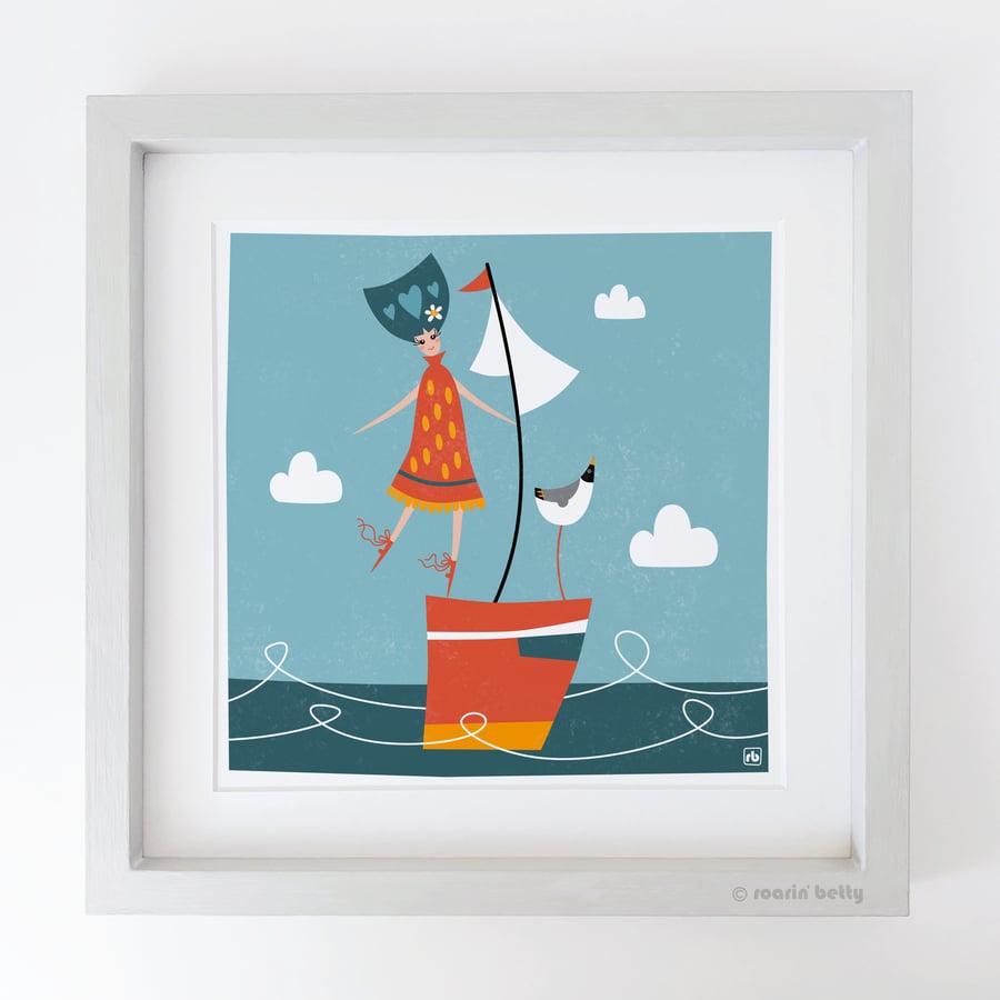 Sailing With The Wind In My Hair, female sailor illustration, Giclee print
