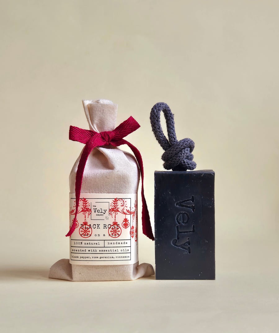 Natural Soap on a Rope With Charcoal, Geranium And Black Pepper "Black Rose"