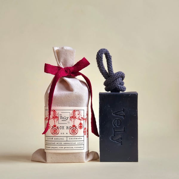 Natural Soap on a Rope With Charcoal, Geranium And Black Pepper "Black Rose"