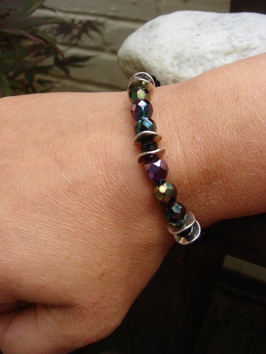 Dark Glass Bead Bracelet, OOAK Tibetan Silver, Clasp Bracelet.
