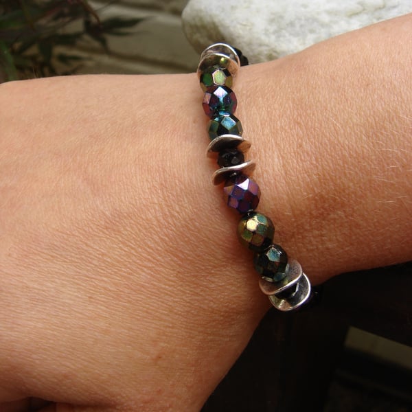 Dark Glass Bead Bracelet, OOAK Tibetan Silver, Clasp Bracelet.