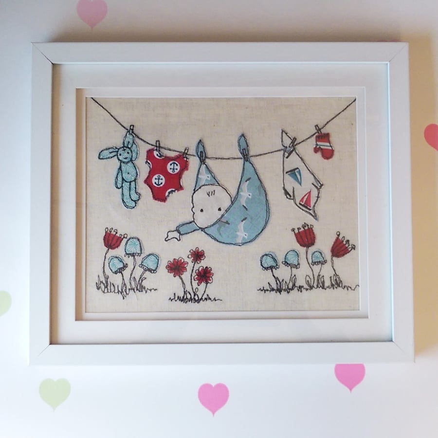 Framed New Baby Embroidered Picture handmade for Baby Shower