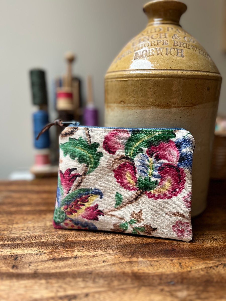 Vintage floral linen coin purse zip pouch with purple corduroy