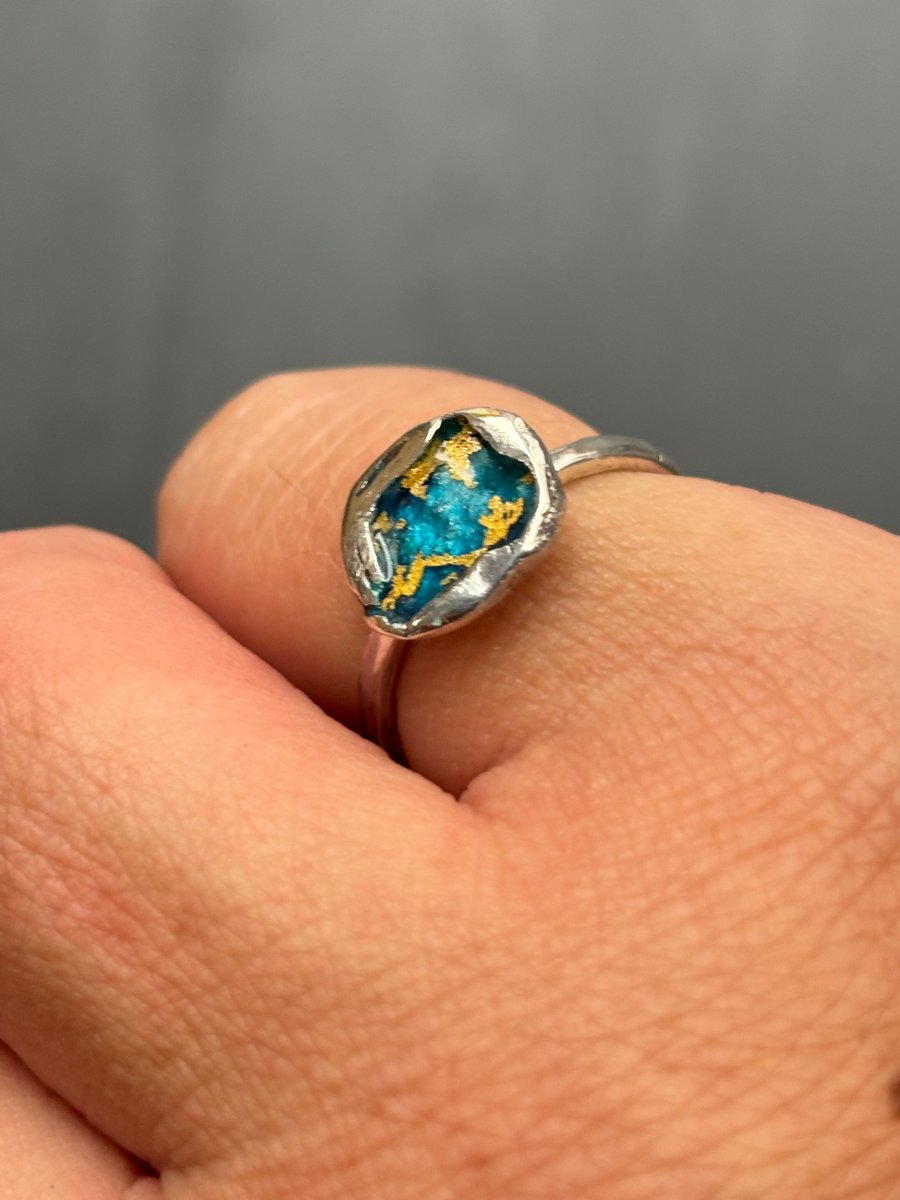 Enamel Ring, water-cast ring, blue and gold ring, blue enamel ring, gift for her