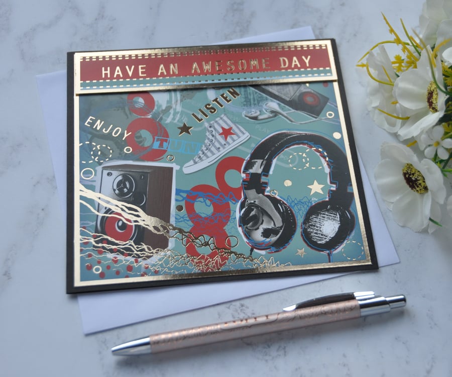 Birthday Card Teenager Sneakers Headphones Music Have An Awesome Day Boy
