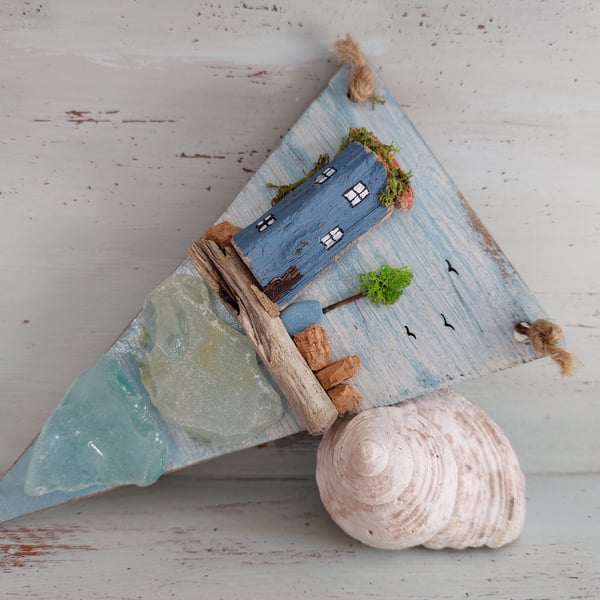 Driftwood Cottage with Sea Glass - Coastal Hanging Decoration