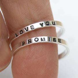 Personalised Rings, Set of 2 Hand Stamped Rings, Silver Stacking Rings