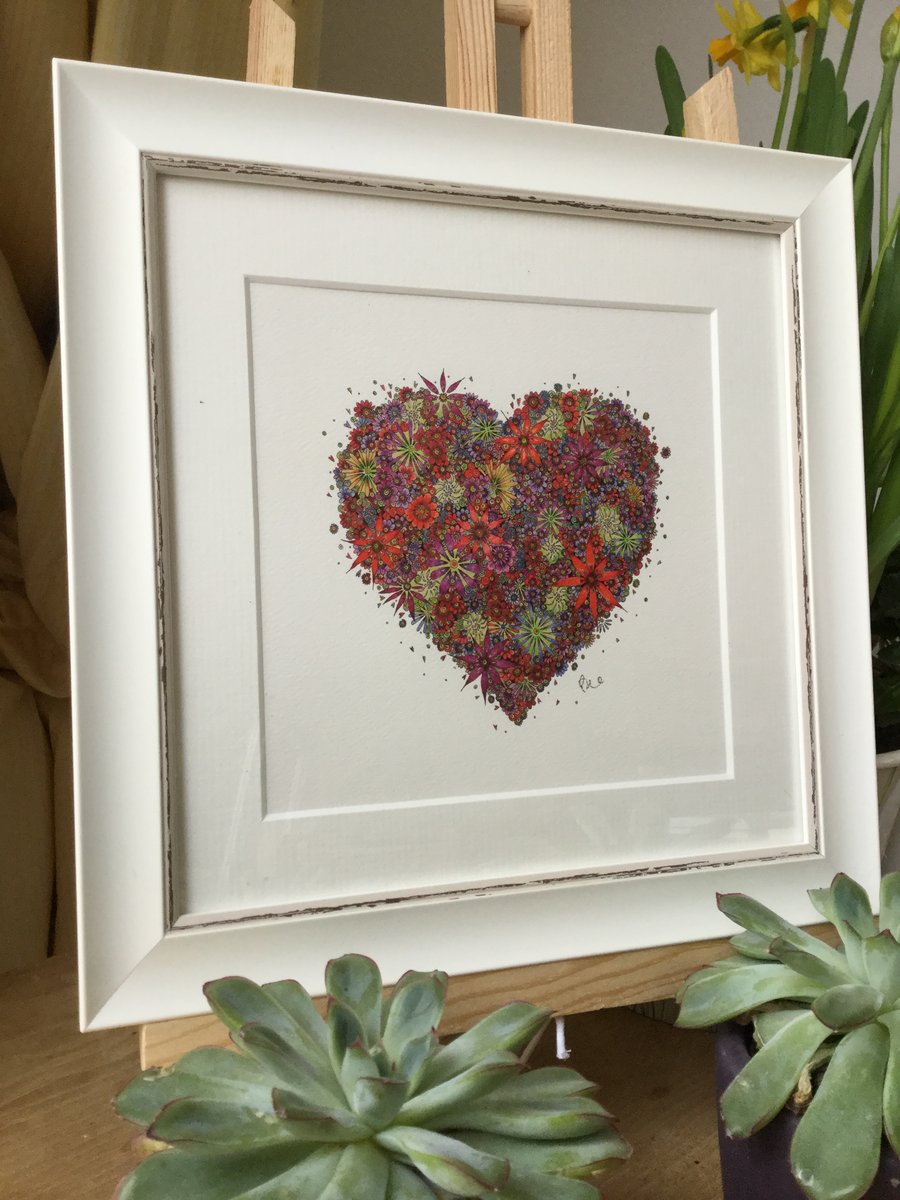 Red heart framed 9.5 x 9.5” signed print