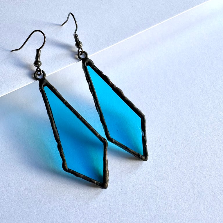 Translucent teal stained glass dangle earrings, Turquoise statement jewellery 