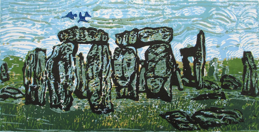 Stonehenge World Heritage Site - Original Hand Pressed Linocut Print Ltd Edition