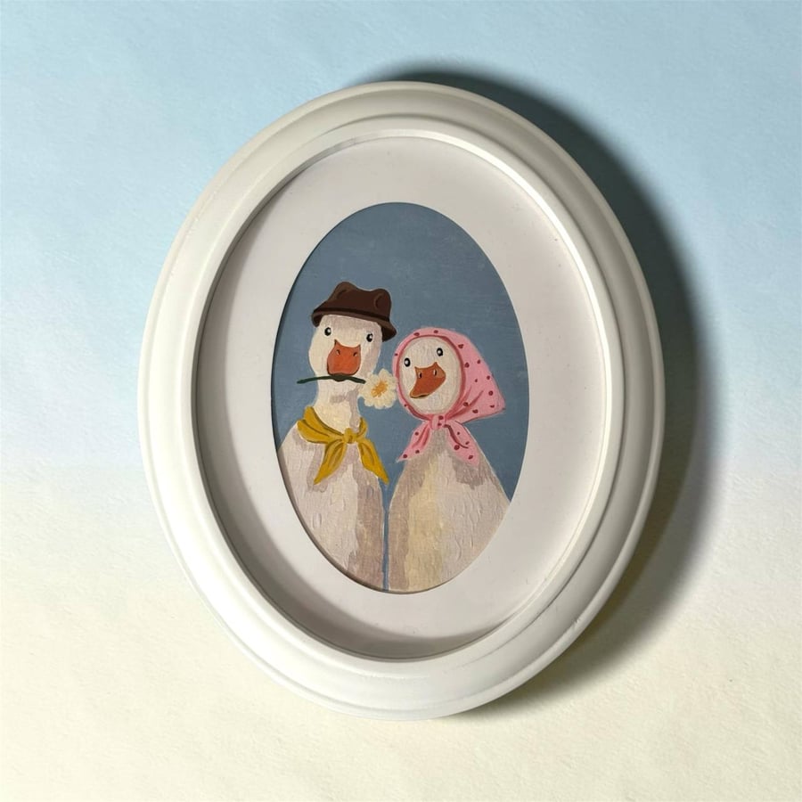Hand Painted Goose Couple Wall Art, Framed Oval Acrylic Ducks Nursery Decor