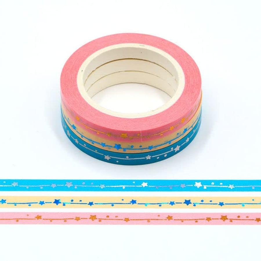 3 Rolls Pink Blue Yellow Shooting Stars Washi Tape 5mm Gold Foil Embossing Each 