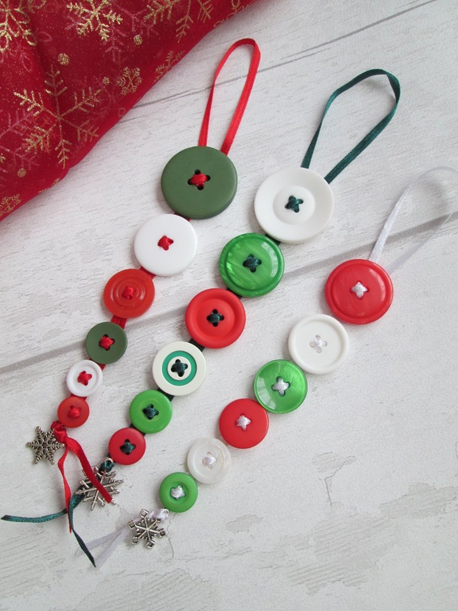 Set of Three Festive Button Dangle Christmas Tree Decorations