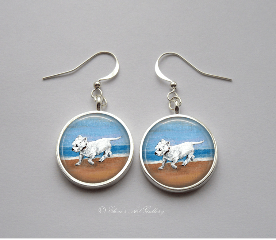 Silver Plated West Highland Terrier Dog on a Beach Art Earrings