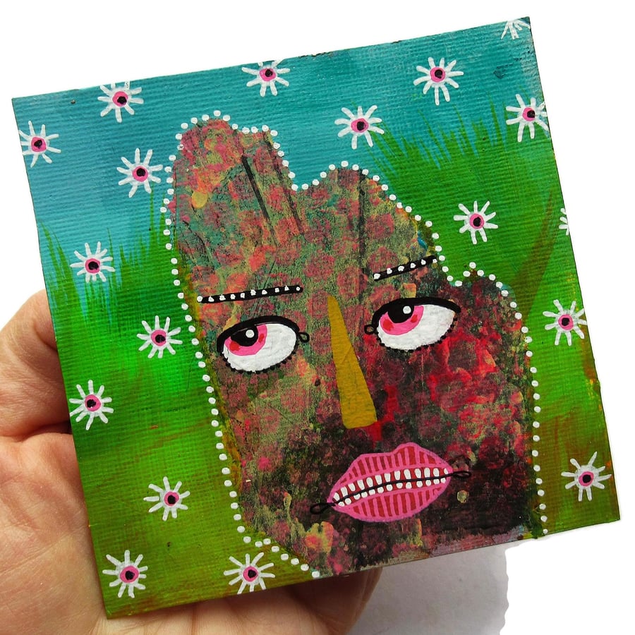 Weird Portrait Figure Painting Outsider Art Brut Miniature Mixed Media Artwork 4