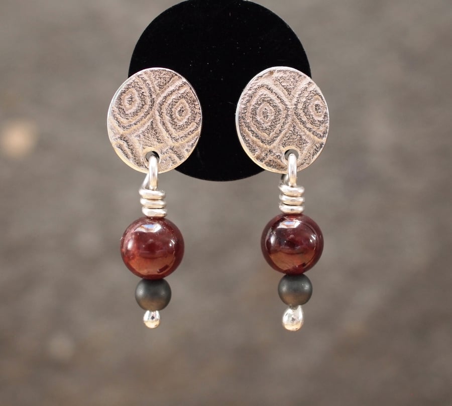 Garnet stud earrings, silver stud earrings