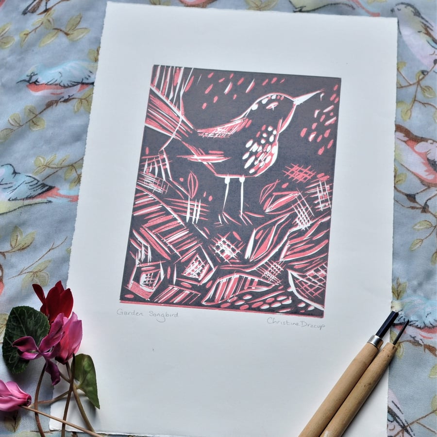 Garden Songbird-Original Linocut Print by Artist and Printmaker Christine Dracup