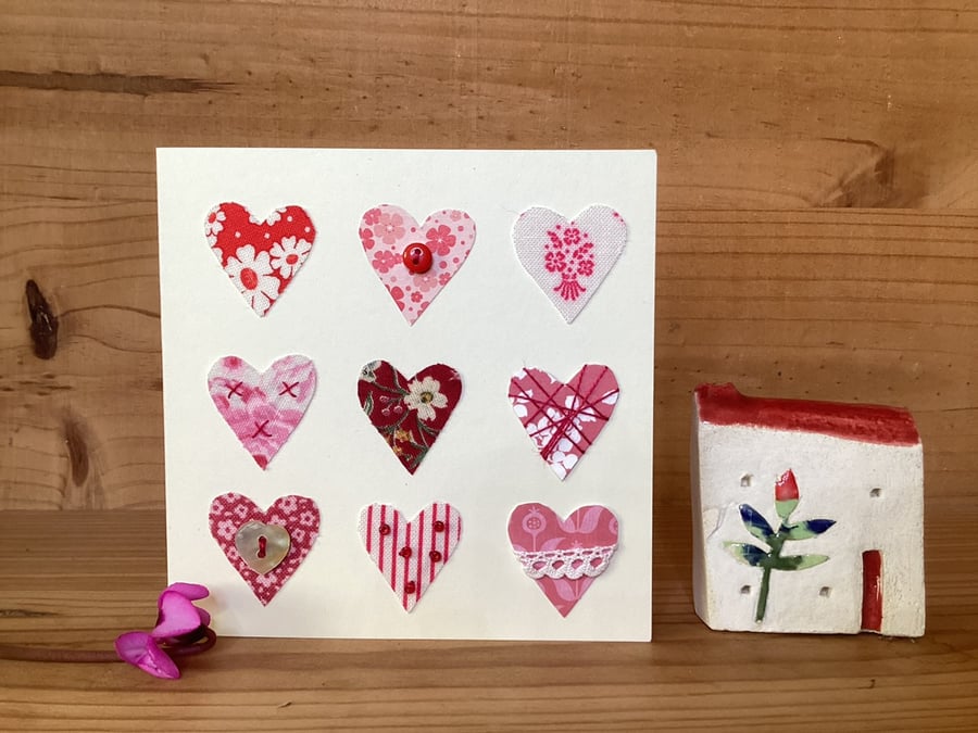 9 hearts mixed media Valentines card