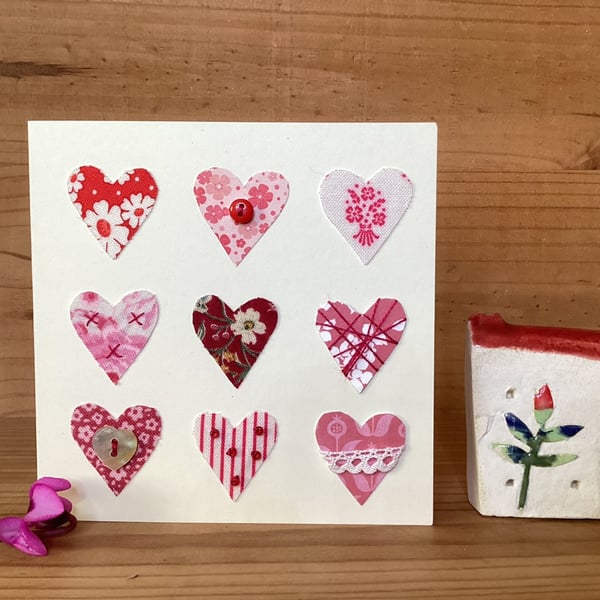 9 hearts mixed media Valentines card