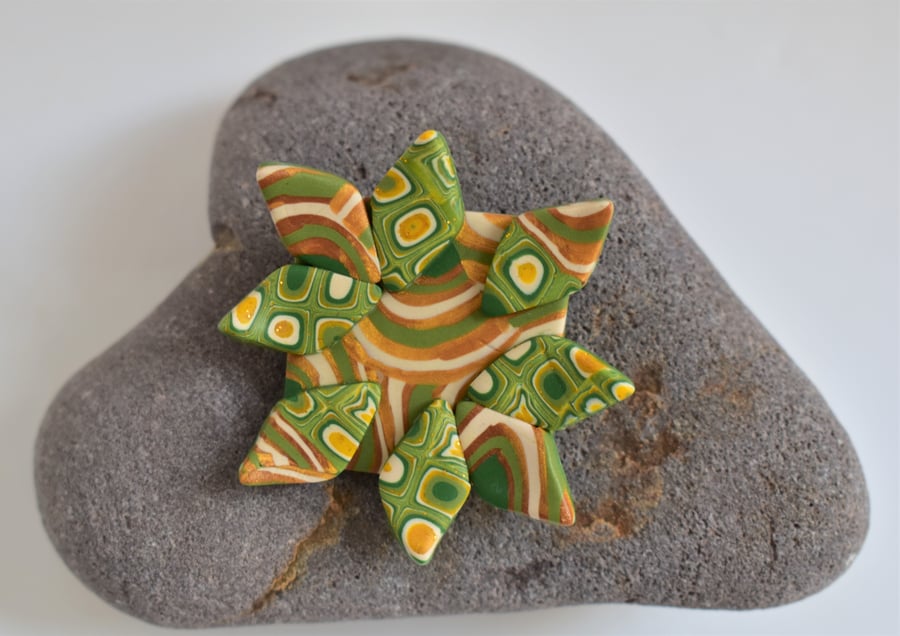 Golden Acorn Stylized Star Brooch in Gold, Green, Olive & Cream Polymer Clay