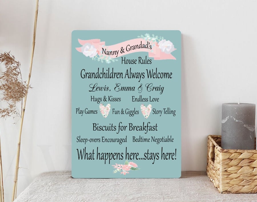 Personalised Nanny & Grandad's Metal House Rules Present Gift Mother's Day 