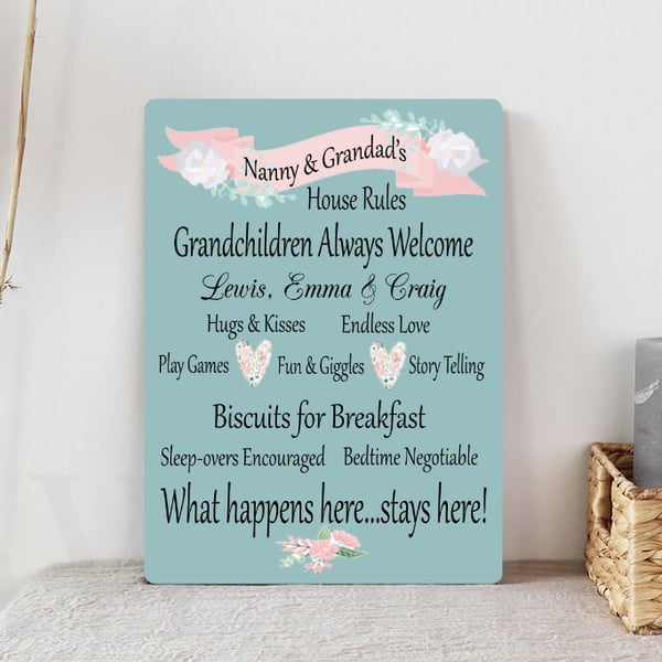 Personalised Nanny & Grandad's Metal House Rules Present Gift Mother's Day 