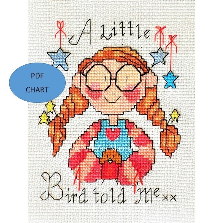 Bird and girl quote A little Bird cross stitch digital Download PDF chart