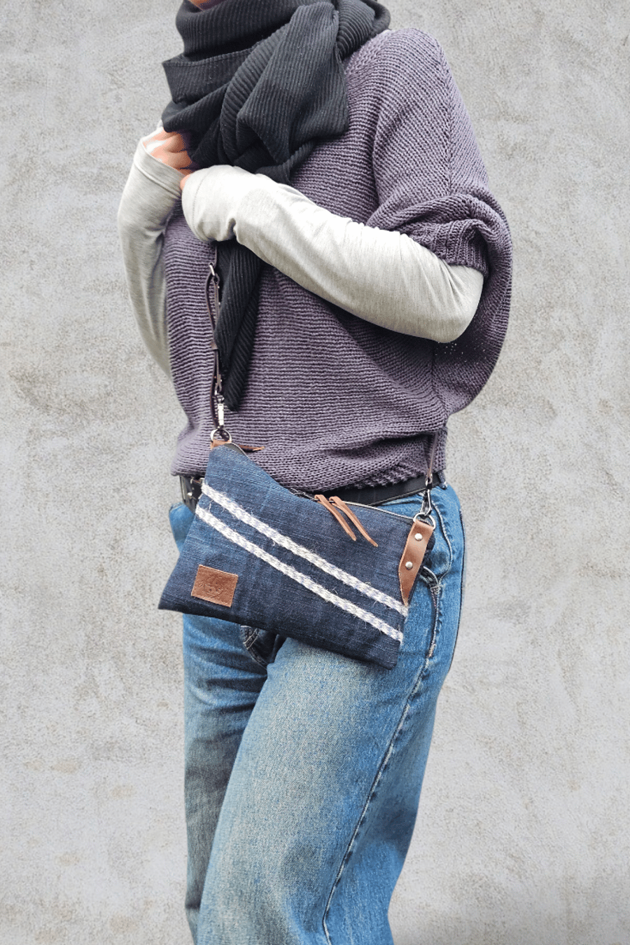 Upcycled Denim Clutch  Handmade Double Zipper Purse, Eco-Friendly Small Bag