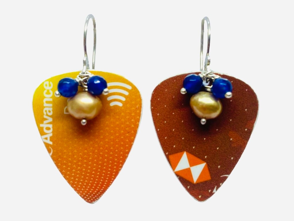 Artisan Upcycled Plectrum Earrings with Sapphire and Pearls - Tangerine Dream