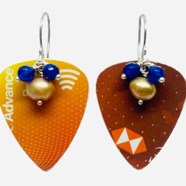 Artisan Upcycled Plectrum Earrings with Sapphire and Pearls - Tangerine Dream