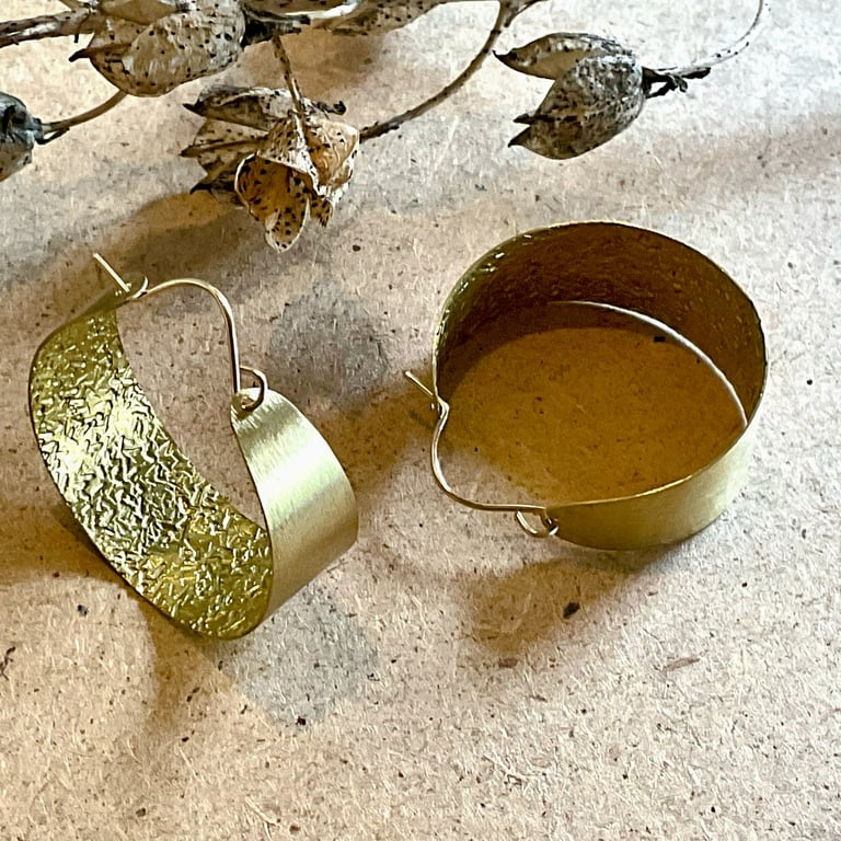 Short textured brass and gold hoop earrings