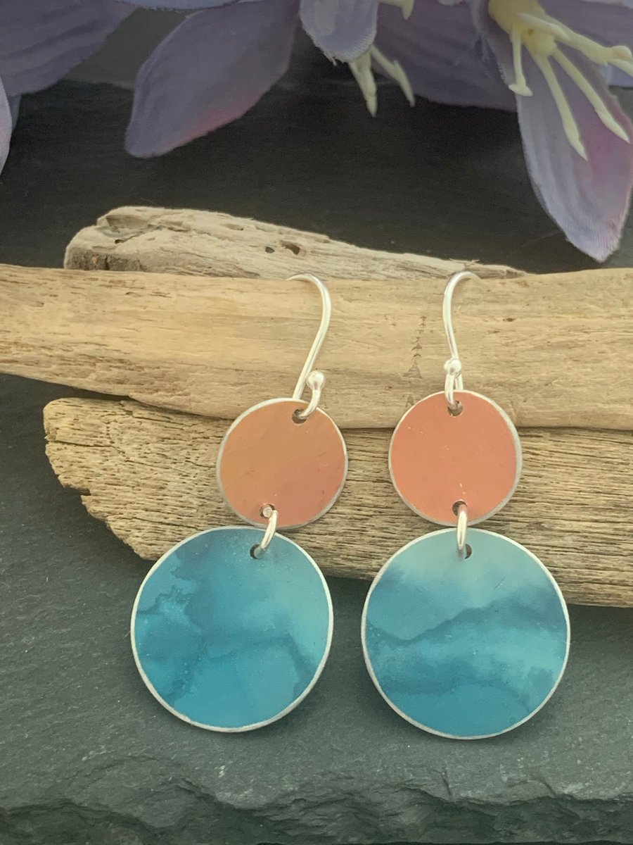 Printed Aluminium and sterling silver earrings -Teal and orange