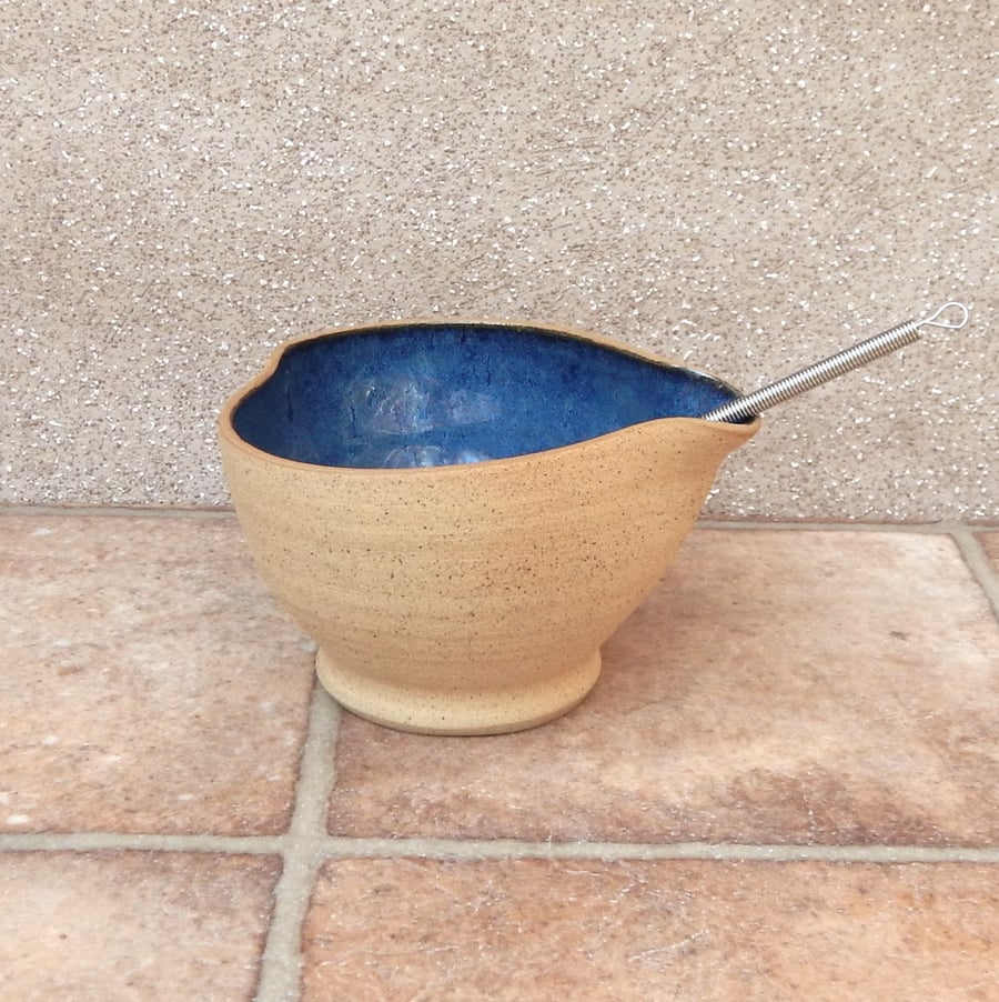 Egg whisking bowl hand thrown stoneware batter mixing pouring with a whisk