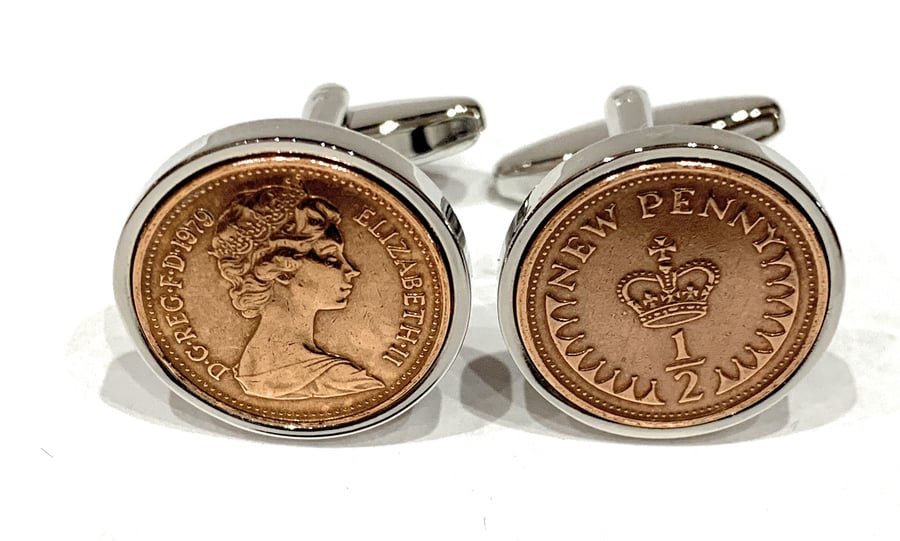 Vintage Retro 1975 half pence coin cufflinks for a 49th Birthday 