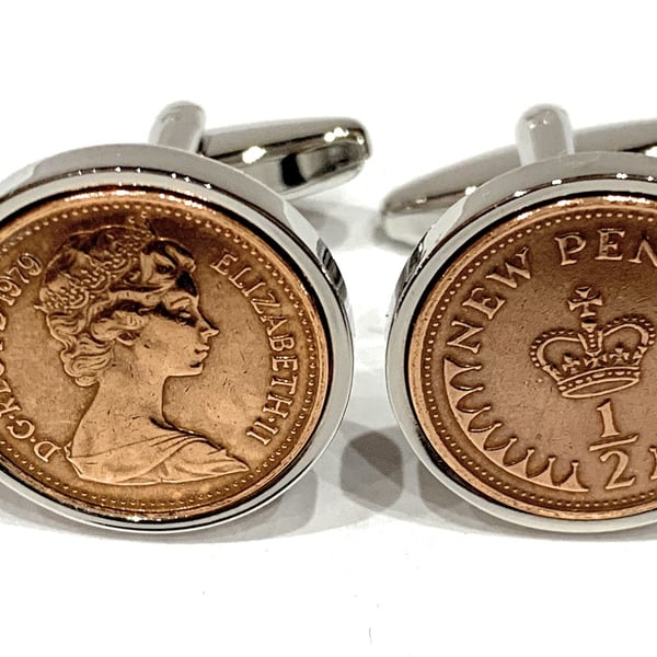 Vintage Retro 1975 half pence coin cufflinks for a 49th Birthday 