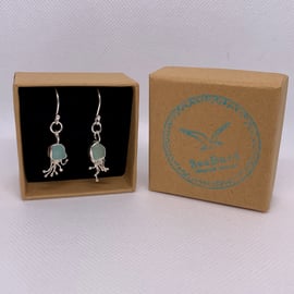 Light  Aquamarine Sea Glass and Sterling Silver Jelly Fish Earrings - 1046