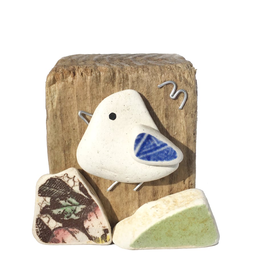 Seagull on Driftwood. Handmade Beach Pottery Pebble Art Wooden Ornament Scotland