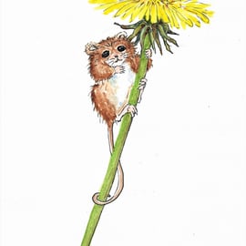 Cute Little Mouse and Dandelion Flower, original painting